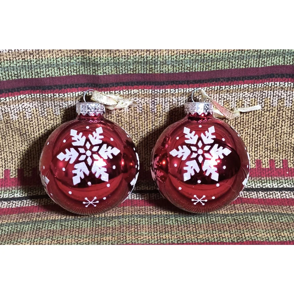 Set Of 2 Red Glass Glitter Snowflake Christmas Ornament~ Ribbon Hangers ~Vintage